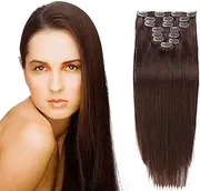 Clip In Human Hair Extensions Straight Seamless Brown 16inch/18inch Real Human Hair 7 Pieces Set of 16 Clips for Women Tangle Free, Dyeable, Heat Resistant,20inch (50cm)