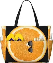 [Ghjkfbf] Orange Slice Print Large Capacity Beach Travel Bag For Family, Beach Tote Bag For Women With Zipper Pockets, Black, One Size
