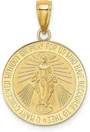 [JewelryWeb] 14ct Gold Round Miraculous Medal Pendant Necklace High Polish and Satin Finish 26.5x18mm Wide