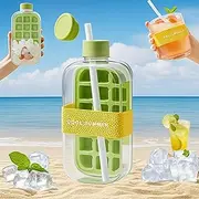 Kicttule Cool Summer Ice Bottle Cup, 2 in 1 Zero Touch Press Ice Cube Mold, Ice Cube Tray Water Bottle with Straw AMD Lid for Freezer (Green, 800ML)