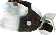 [WOSHJIUK] Working Hat 2 Pack Scrub Caps for Women,Rabbit Flower Grassland Art Painting,Tie Back Cap Adjustable Scrub Hat