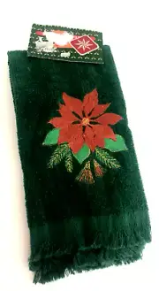New Embroidered Dark Green Red POINSETTIA FINGERTIP TOWEL Fringed Xmas Velvet