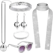 [Tuvwxyza] 70s Women Disco Accessories Disco Costume Disco Sequin Scarf Headband Bracelet Necklace Ball Earring Glasses,Women Retro Party Festival Themed Events 7 Pcs.