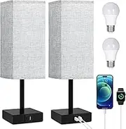 Bedside Table Lamp with USB Ports - Set of 2 Touch Control Lamp for Bedroom with USB C+A Charging Ports, 3 Way Dimmable Nightstand Light for Living Room Office, LED Bulb Included (Grey)