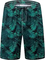 [Yhjoxlp] Mens Swim Trunks Quick Dry Board Shorts with Mesh Lining, Breathable Fit Print Beach Shorts Swimwear Bathing Suits, Turquoise Leaves, Large