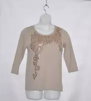 Bob Mackie Embroidered Pull-Over Knit Top with Sequins Size S Stone