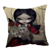 Beautiful Maiden with Red Butterfly Ferrets Cushion Cover