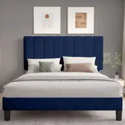 Royal Sleep Bed Frame King Bella Velvet Headboard Base Wooden USB Fabric Navy