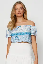 Boho Print Wrap Top Off Shoulder Tie Up Crop - Size 14, Women's Bardot