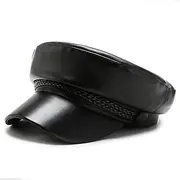 VANTOBEST Women Fiddler Cap Newsboy Hat PU Leather Visor Beret Cap Fisherman Style Fiddler Cabbie Captain Hat (Black), Black, One Size