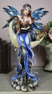 Fairy With Book Lantern And Owl On Crescent Moon Clouds and Stars Statue 14" H