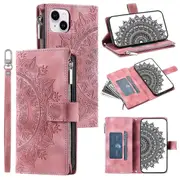 For iPhone 15 Plus Zipper Wallet Leather Phone Case Mandala Flower Imprinted Stand Card Holder Cover