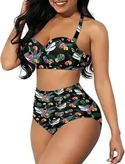 [FOR U DESIGNS] Women's Halter Bikini Two Piece Swimsuit High Waisted Bathing Suits Push up Ruched Swimwear