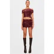 Burgundy Devore Tie Detail Micro Mini Skirt, Burgundy