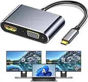 USB C to HDMI+VGA Adapter for Dual Monitor, USB C to VGA, Type C to HDMI 2 in 1, 4K UHD Graphic Video Converter Compatible with MacBook, XPS, ASUS More