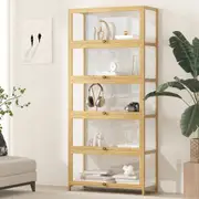 Oikiture Display Cabinet Storage 5-Tier Shelves Clear Bookcase Stand Rack Oak