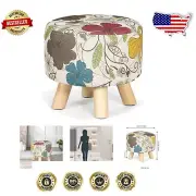 Elegant Small Footstool Ottoman - Lightweight Round Design with Linen Upholstery