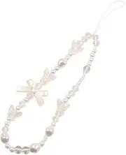 Xinjincang White Cute Phone Charm Lanyard - Pearl Beaded Bow Wrist Strap with Anti-Lost Keyring Chain | Decorative Pendant for Cell Phones, Cameras and Wallet Accessories, 1, Plastic, No Gemstone