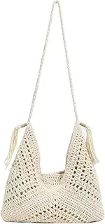 [KEPEDFCZCK] Solid Color Vacation Purse Handbag Women Woven Tote Bag With Drawstring Mesh Knit Shoulder Bag Large Capacity
