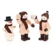 Kids Snowball Fight with Snowman Wooden German Figurine 3 Piece Set