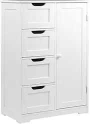 Artiss Bathroom Storage Cabinet, 83cm Height Wood Adjustable Pantry Cupboard Side Table Shelf Wall Over Toilet Roll Storages Cabinets Unit Home Furniture Organiser, with 4 Draws Magnetic Doors White