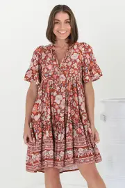 Lilou Mini Dress - Pull Over Dress With Buttoned Bodice in Anissa Print Rust