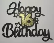 1 x BLACK & GOLD 'HAPPY 16th BIRTHDAY' CAKE TOPPER for birthday party