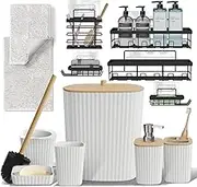 Clara Clark Bathroom Set - White Bathroom Accessories Set, 6PC Bathroom Accessory Set, Bathroom Sets with Bathroom Rugs, Adhesive Corner Shower Caddy Hanging, Toilet Brush, Trash Can & Soap Dispenser