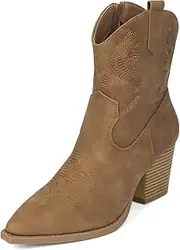 [Hamesk] Women's Western Cowboy Mid Calf Ankle Boots with Low Heel Pointed Toe Embroidered Upper Chunky Heeled Cowgirl Boots for Women