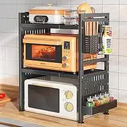 Microwave Oven Rack, 2-Tier Expandable Microwave Toaster Shelf with Utensil Holder, Adjustable Countertop Microwave Stand, Multi-Functional Carbon Steel Over Microwave Shelf with 6 Hooks (Black)