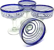Mexican Hand Blown Glass – Set of 4 Hand Blown Margarita Glasses (16 oz) with Blue Spiral Design