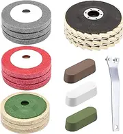 16Pcs Assorted Buffer Wheel Set Contains 4-1/2 x 7/8 Inch Arbor Wool Felt Flap Disc, 4'' Wool Felt and Nylon Fiber Disc with 3 Polishing Compound & Metal Wrench for Angle Grinder