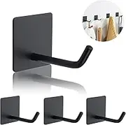 4PCS Adhesive Sticky Wall Hooks Heavy Duty, Long Stainless Steel Towel Hooks for Hanging Kitchen Bathroom Home, Waterproof Hook Wall Hanger Holder for Key Hat Coat Bag (Black)