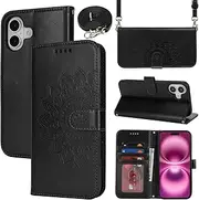 Cavor Crossbody Wallet for iPhone 16 Plus 6.7'' PU Leather Case Magnetic 3D Embossed Flower Women Flip Kickstand with Card Holder Shoulder Lanyard Protective Cover-Long Strap Flower Black