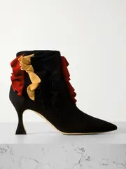 [Manolo Blahnik] Manolo Blahnik - Pompa 70 Ruffled Suede Pointed-toe Ankle Boots - Black - IT38 IT 38 Black