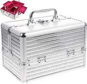 [FOMIYES] Makeup Train Case Aluminum Alloy Makeup Box Handled Cosmetics Organizer with Locks and Folding Tray Portable Travel Makeup Storage Box