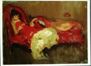 *Art/American Impressionism Postcard-"Note in Red...The Siesta"-