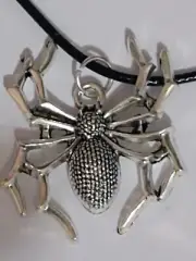 SILVER SPIDER PENDANT ON 2mm BLACK LEATHER CORD, LOBSTER CLASP.