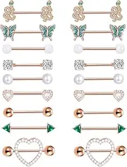 [Tornito] 9 Pairs Nipple Rings 14G Stainless Steel Heart Butterfly Snake Ball Emerald Triangle CZ Barbell Tongue Rings Set Cute Body Piercing Jewelry for Women 16mm Rose Gold Silver Tone