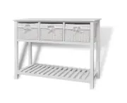 Elegant White Storage Sideboard with Woven Baskets and Slatted Shelf