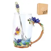 Butterfly Flower Glass Tea Cup, Handmade Enamels Rose Coffee Mugs with Spoon,