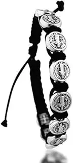 [Religious Gifts] Saint St Benedict of Nursia Silver Tone Medal 8 Inch Adjustable Black Cord Wrist Bracelet