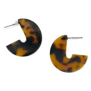 Tortoiseshell Brown Small Disc Drop Minimalist Crescent Post Back Earrings