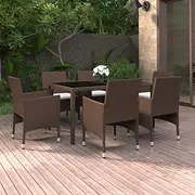 7 Piece Garden Dining Set Poly Rattan and Tempered Glass Brown Patio Bar Sets