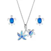 Nautical Beach Opal Sea Turtle Earrings and Starfish Necklace Jewelry Set Silver
