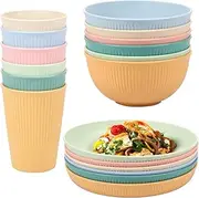 18Pcs Plastic Striped Dinnerware Set Stackable Cups Plates and Bowls Sets Unbreakable Camping Plates Bowls Dishwasher Safe Multipurpose Dinnerware Serving Set for Home Camping Picnic (Mix Color)