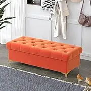 Contemporary Velvet Comfortable Upholstered Rectangular Storage Ottoman Foot Stool for Living Bedroom Entryway Shoe Bench-Orange 60x40x40cm(24x16x16inch)