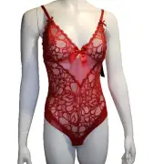 Frederick's of Hollywood Lara May XL Bodysuit Teddy Red Sheer Floral Lace