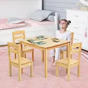 HONEY JOY Kids Table and 4 Chairs Set, 5 Pieces Activity Table Set, Durable Wooden Desk Furniture for Toddlers Dining, Drawing, Reading, Indoor Outdoor Desk & Chairs, Natural