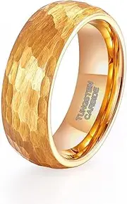[TRUMIUM] Hammered Tungsten Rings for Men Women 8mm Gold Mens Wedding Band Multi Faceted Engagement Promise Ring Comfort Fit Size 7-13
